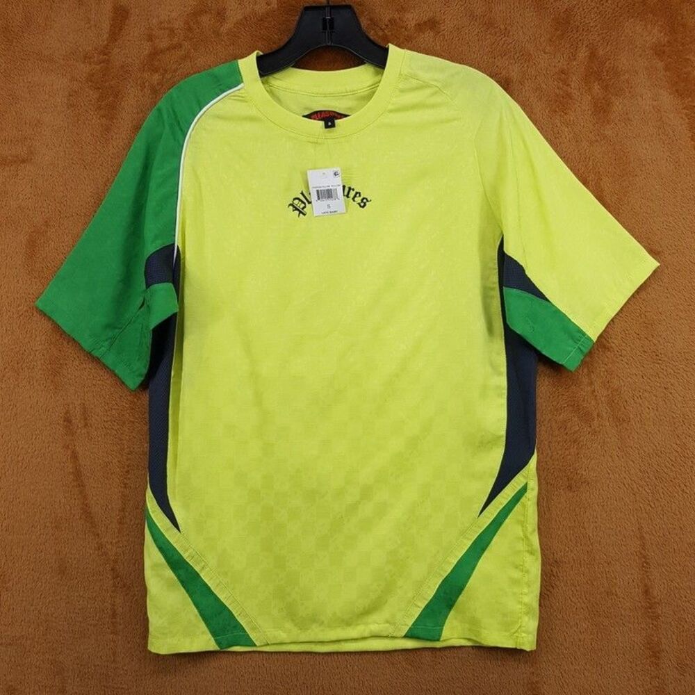 PLEASURES Shirt Mens Small Yellow Green Graphic Jersey Late Sport Skeleton